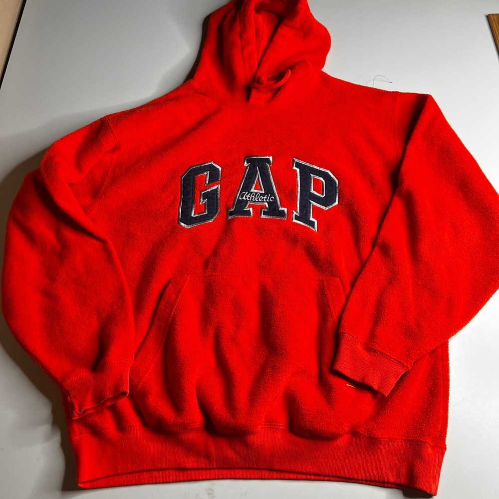 Gap Athletic Fleece Hoodie Red Sherpa Pullover Navy Logo Mens Medium